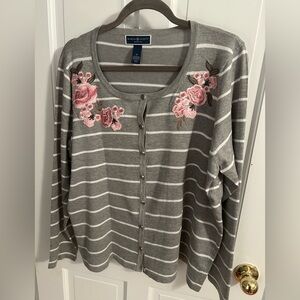 Karen Scott Gray and White Striped Cardigan with Pink Floral Details. 1X